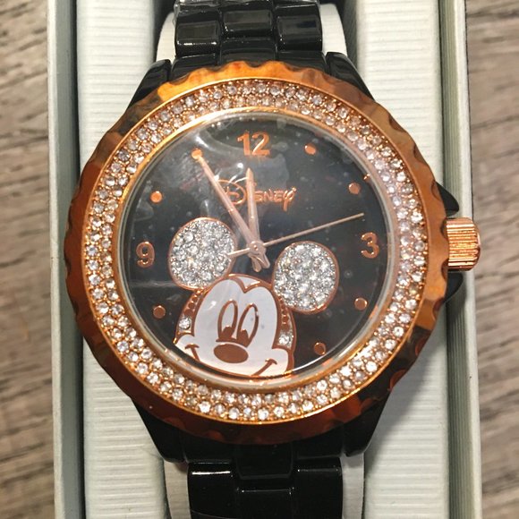 Watch Disney Women's Mickey Mouse Black Enamel Rhinestones Jewelry Bling NIB - Picture 1 of 16